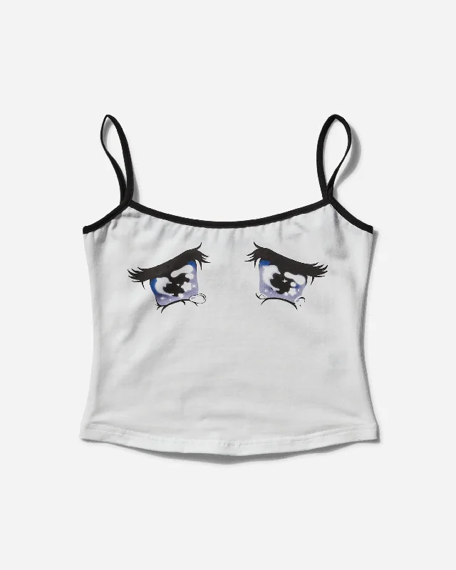 Women's Blouse with Fur TrimWomen's "No Cry" Crying Eyes Printed Camisole White