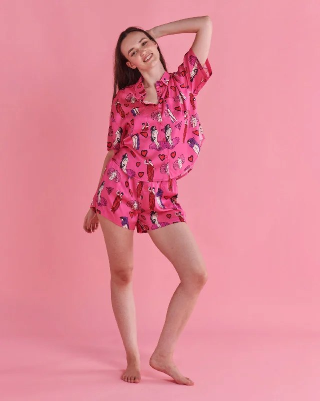 women's pajamas with breathable fabricKip&Co x Jenny Kee Pretty In Pink Satin Short Sleeve Shirt & Short Pyjama Set