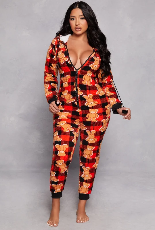 women's pajamas for campingTeddy Bear Plaid Print Pajama Onesie