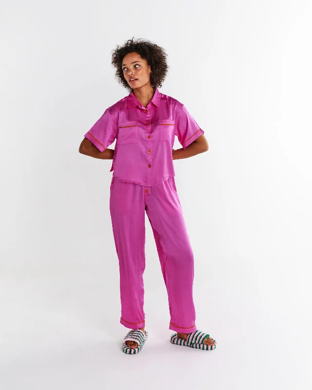 women's pajamas for travelFlirty Satin Short Sleeve Shirt & Pant Pyjama Set