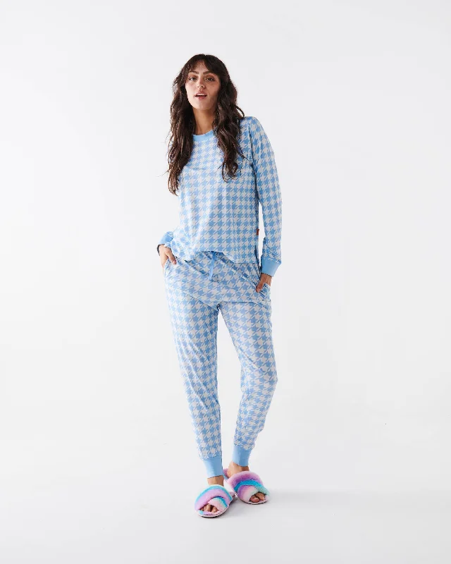 women's pajamas for travelHoundstooth Blue Organic Cotton Long Sleeve Pyjama Top & Slouch Pant Pyjama Set