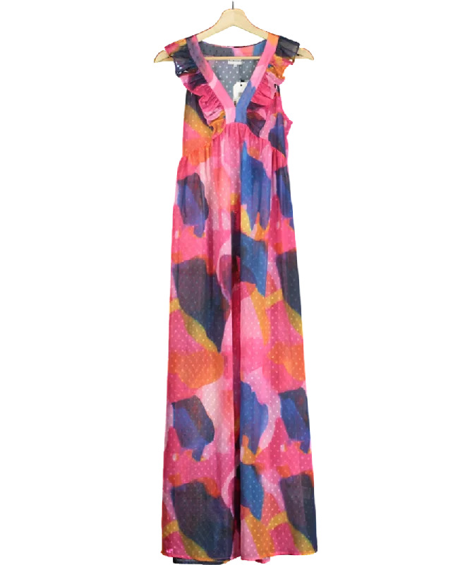 Women's Serbian Wool SweatersPia Rossini Multicoloured Fuchsia Maxi Dress With Tropical Abstract Print And Ruffle Detail UK S