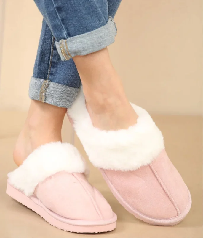 women's pajamas with cozy footiesPink Faux Fur Mule Slippers