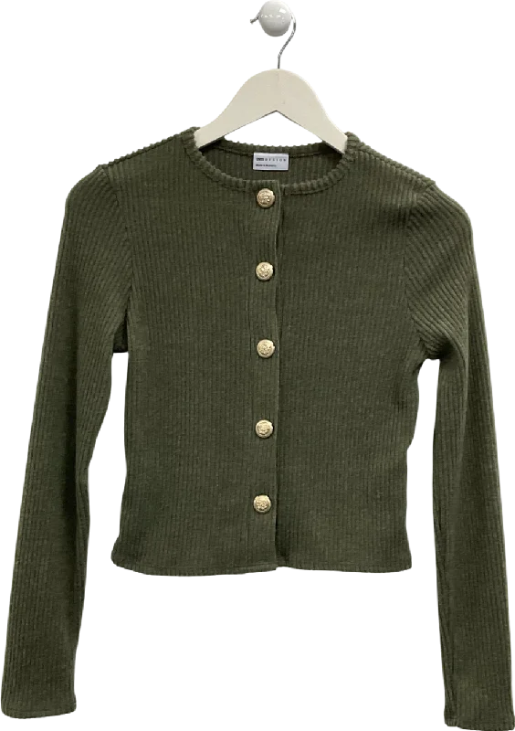 Women's Lapel Collar SweatersASOS Green Brushed Rib Long Sleeve Cardigan With Gold Buttons In Khaki UK S/M