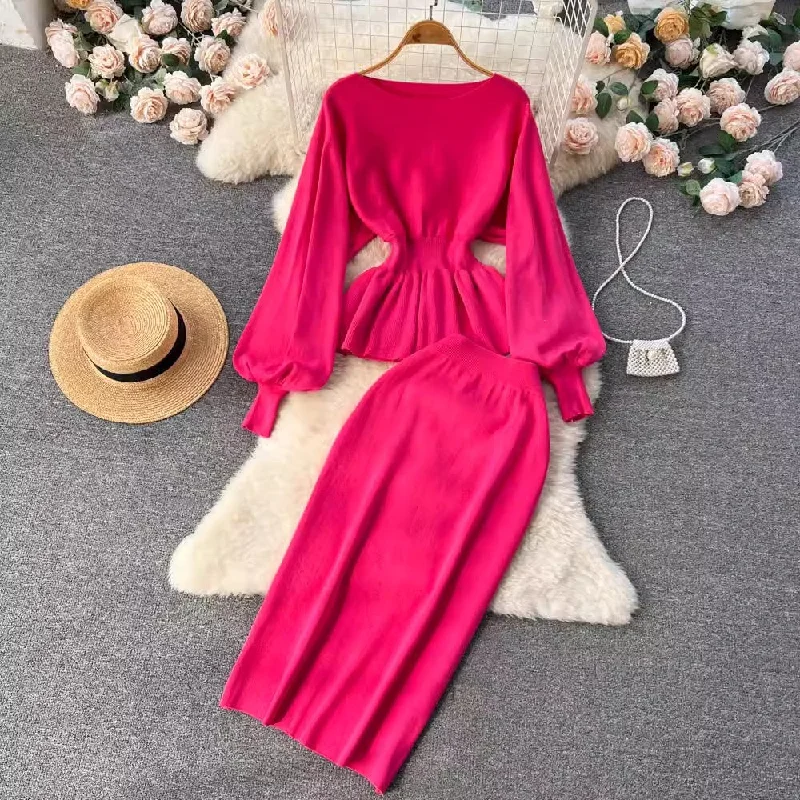 Women's Casual Chic Skirtssuit for women design ruffled lantern sleeve top + skirt two-piece set    S4579