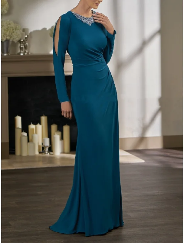 Women's Round-Neck DressesSheath / Column Mother of the Bride Dress Party Elegant Jewel Neck Sweep / Brush Train Stretch Chiffon Long Sleeve with Beading Ruching