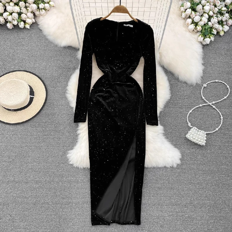 Women's Cozy Skirtssquare neck velvet dress sexy high slit sparkling dress long skirt      S4139