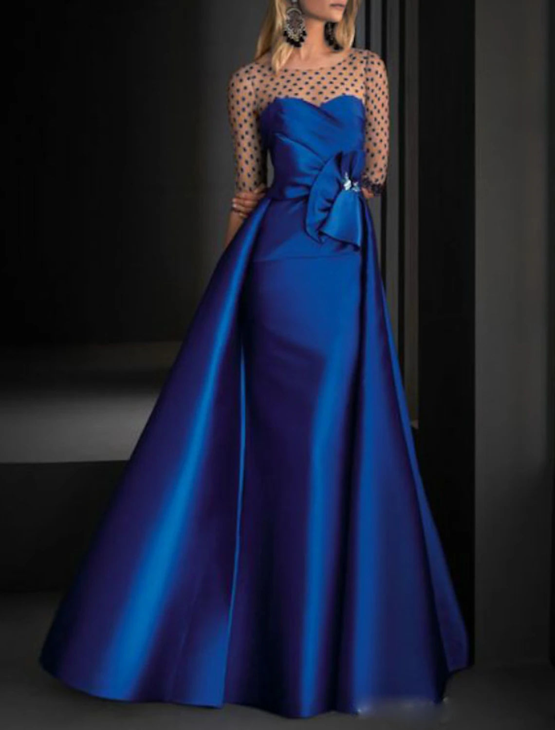 Women's Mandarin-Neck DressesA-Line Party Dress Vintage Engagement Formal Evening Dress Illusion Neck Half Sleeve Floor Length Satin with Crystals