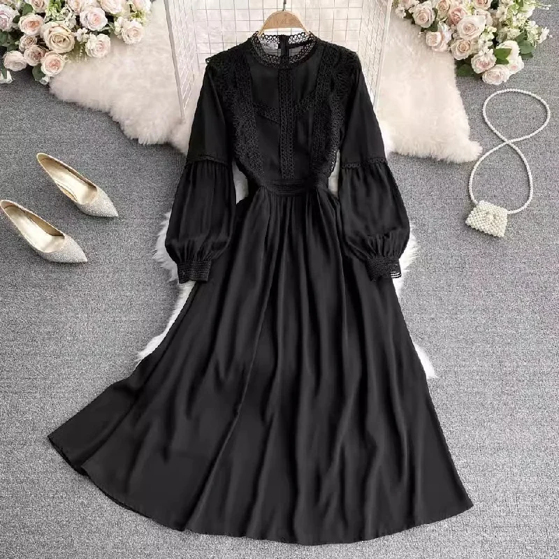 Women's Elastic Waist Skirtslace lantern sleeve chiffon A-line dress elegant long skirt      S4309