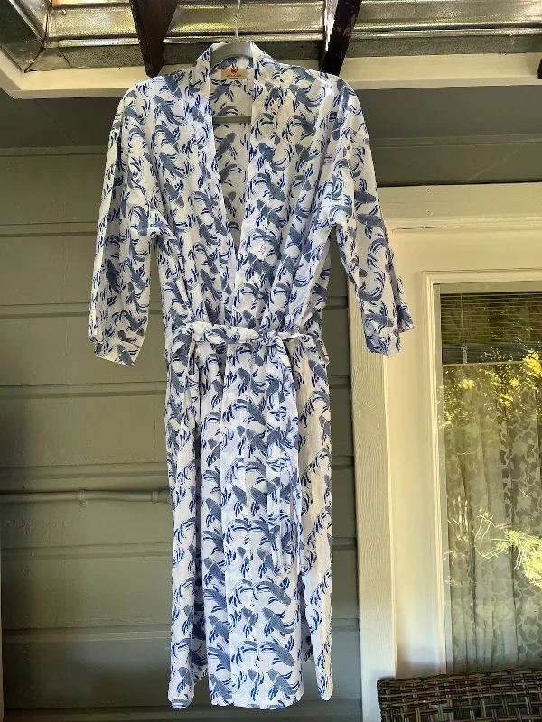 women's pajamas in a cozy, plush fabricIndigo Block Print On White BG Kimono (Unisex)