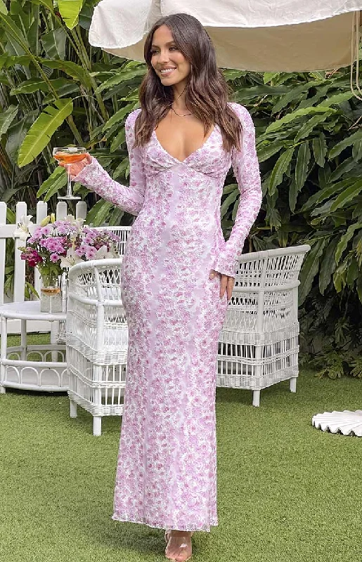 Women's Rounded Collar DressesZach Pink Long Sleeve Maxi Dress