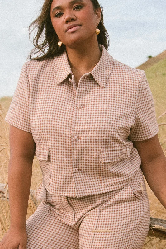 Women's Blouse with Narrow CollarDrew Blouse in Tan Gingham - FINAL SALE