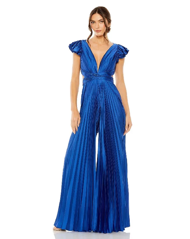 Women's Jumpsuits with Notched CollarMac Duggal 27361 Ruffle Cap Sleeve Cutout Heat Pleated Jumpsuit