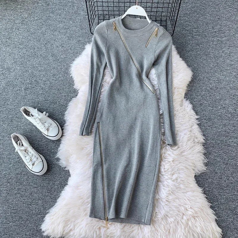 Women's Street Style Skirtsdesign knitted skirt round neck long sleeves irregular zipper solid color dress for women      S4237