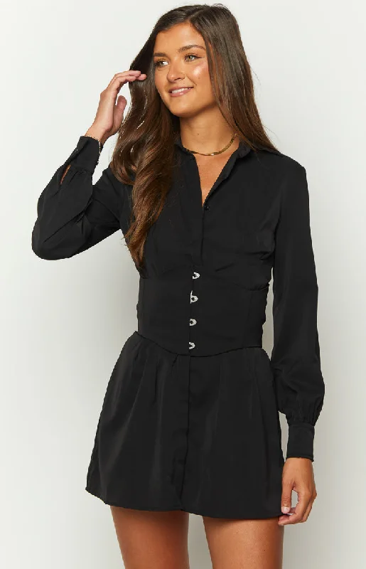 Women's Shawl Collar DressesSocial Black Mini Shirt Dress