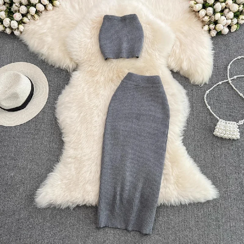 Women's Quick-Dry SkirtsFashionable casual suit for hot girls sexy short tube top two-piece set knitted skirt      S4182