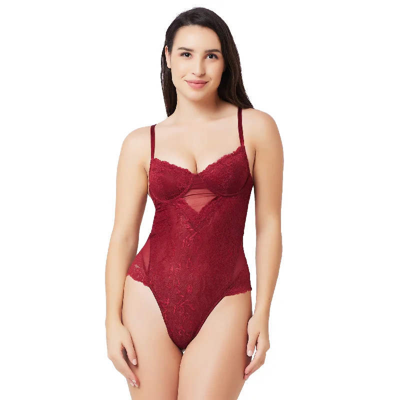 seamless body brief for smoothing under tight-fitting clothesBody In Lace And Mesh With Underwire Bodysuit Maroon