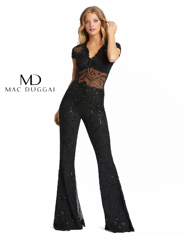 Women's Jumpsuits with U-Shaped CollarMac Duggal 1993 Long Formal Beaded Lace Jumpsuit