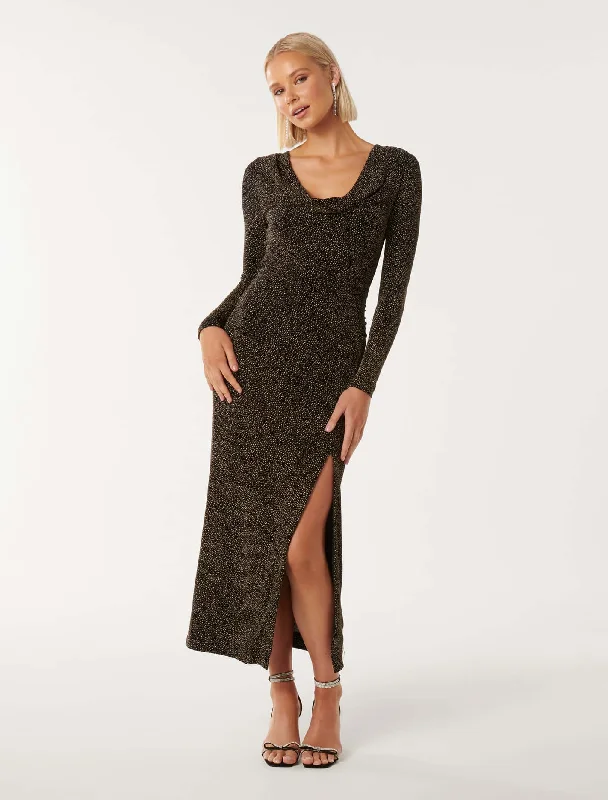 Women's Boat Collar DressesReva Cowl Neck Glitter Midi Dress