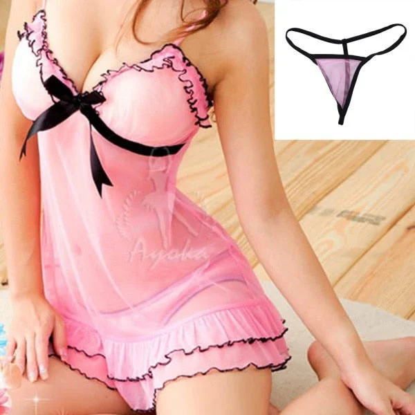 women's pajamas with a vintage lookPink Lace Baby Dolls Nightdress With Gstring