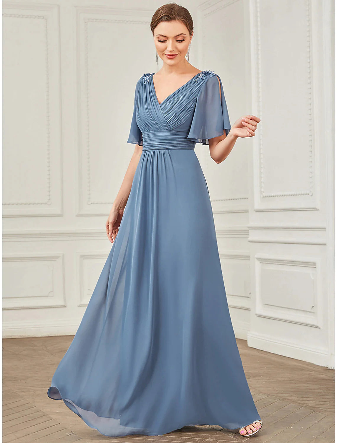 Women's One-Shoulder DressesA-Line Prom Dresses Party Dress Wedding Guest Floor Length Short Sleeve V Neck Chiffon with Ruched Appliques