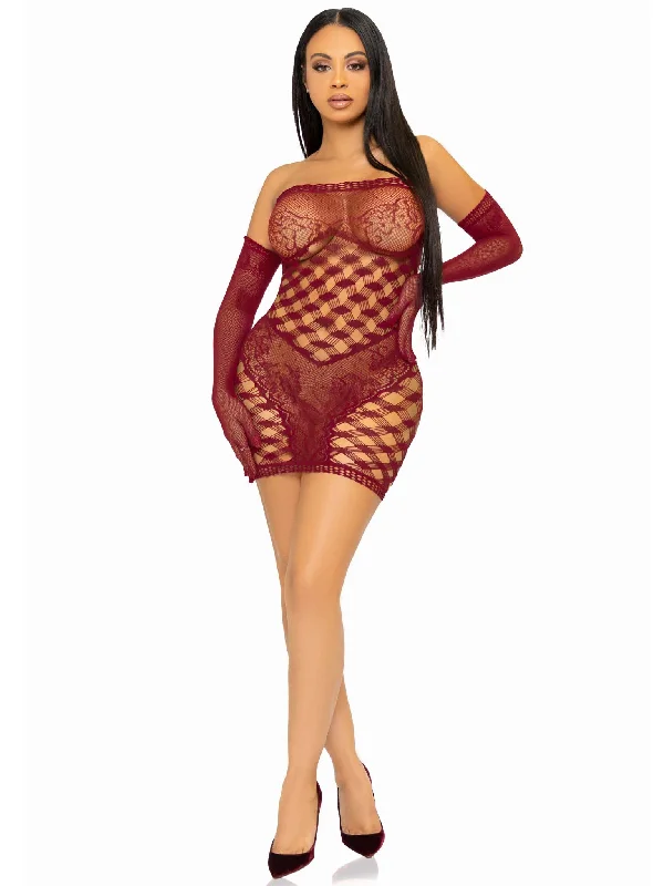 women's pajamas in bold patterns2 Pc Hardcore Net Tube Dress With Gloves - One Size - Burgundy