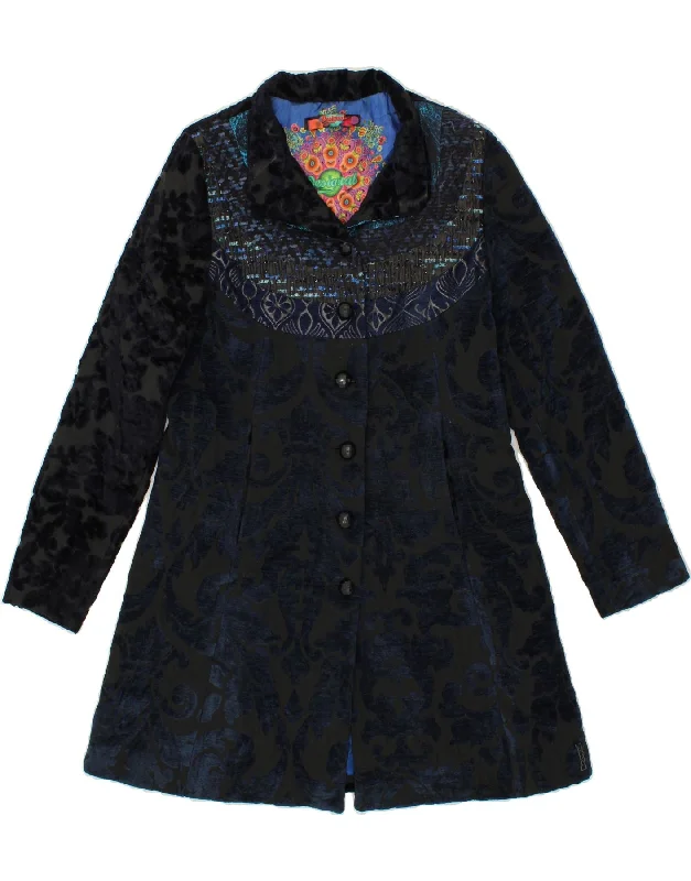 Women's Coats with Fur Trimmed SleevesDESIGUAL Womens Graphic Overcoat EU 42 Large Navy Blue Paisley Polyester