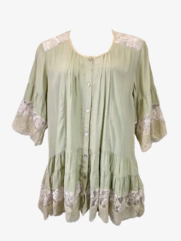 Women's U-Shaped-Neck DressesBy Ridley Boho Sage Lace Trim Mini Dress Size M