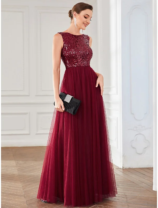 Women's Sleeveless DressesA-Line Party Dresses Sparkle & Shine Dress Wedding Guest Birthday Floor Length Sleeveless Jewel Neck Tulle with Sequin