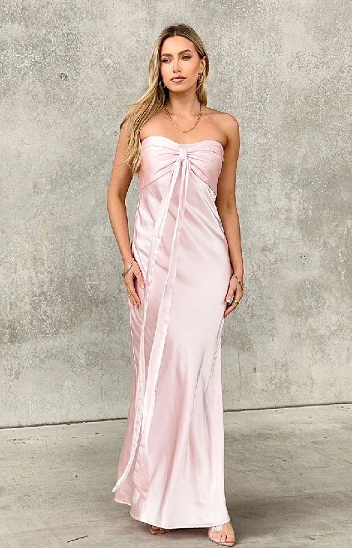 Women's V-Neck DressesAriella Pink Satin Strapless Maxi Dress