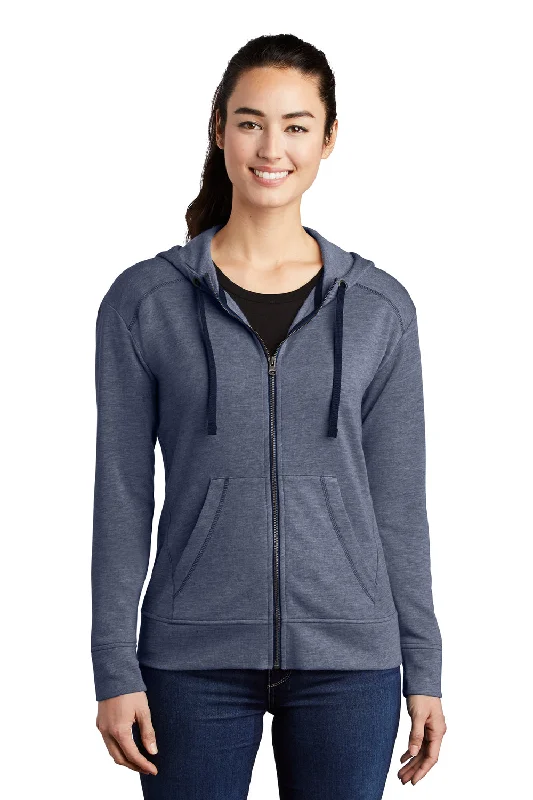 Women's Hooded Sweatshirts with Denim LiningSport-Tek Womens Moisture Wicking Fleece Full Zip Hooded Sweatshirt Hoodie w/ Pockets - Heather True Navy Blue