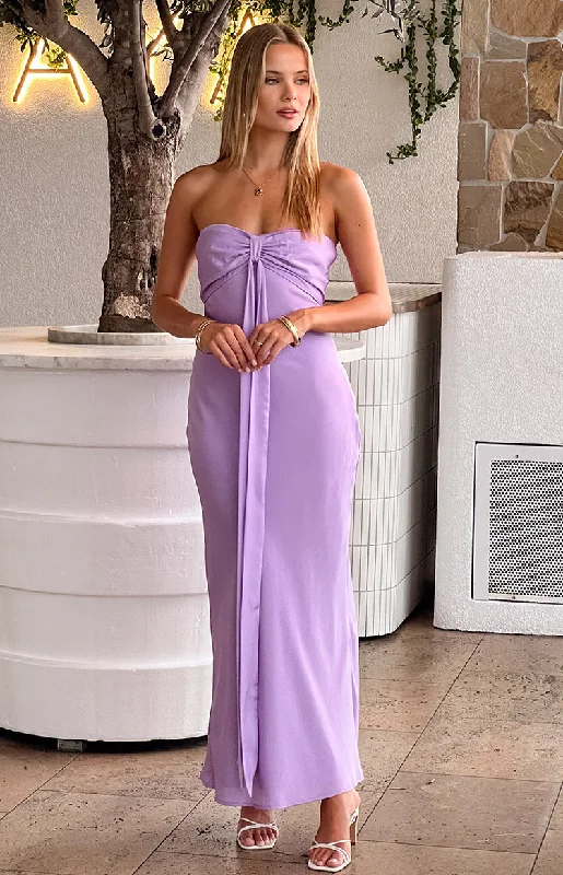 Women's High Collar DressesAriella Lilac Satin Strapless Maxi Dress