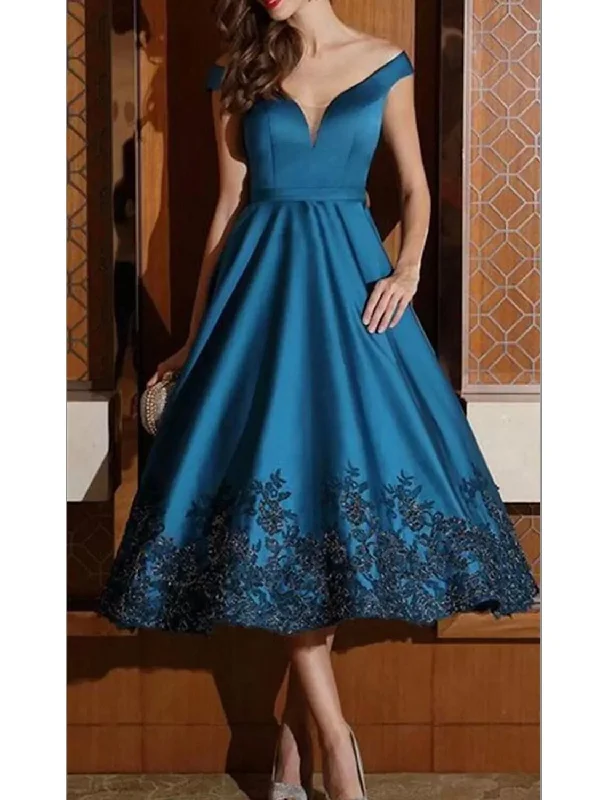 Women's V-Neck DressesA-Line Cocktail Dresses Party Dress Formal Wedding Guest Tea Length Sleeveless V Neck Satin with Appliques