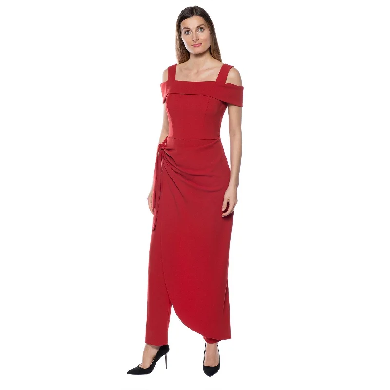 Women's Jumpsuits with V-Shaped CollarMarina   Off Shoulder Tie Side Faux Sarong Overlay Crepe Jumpsuit