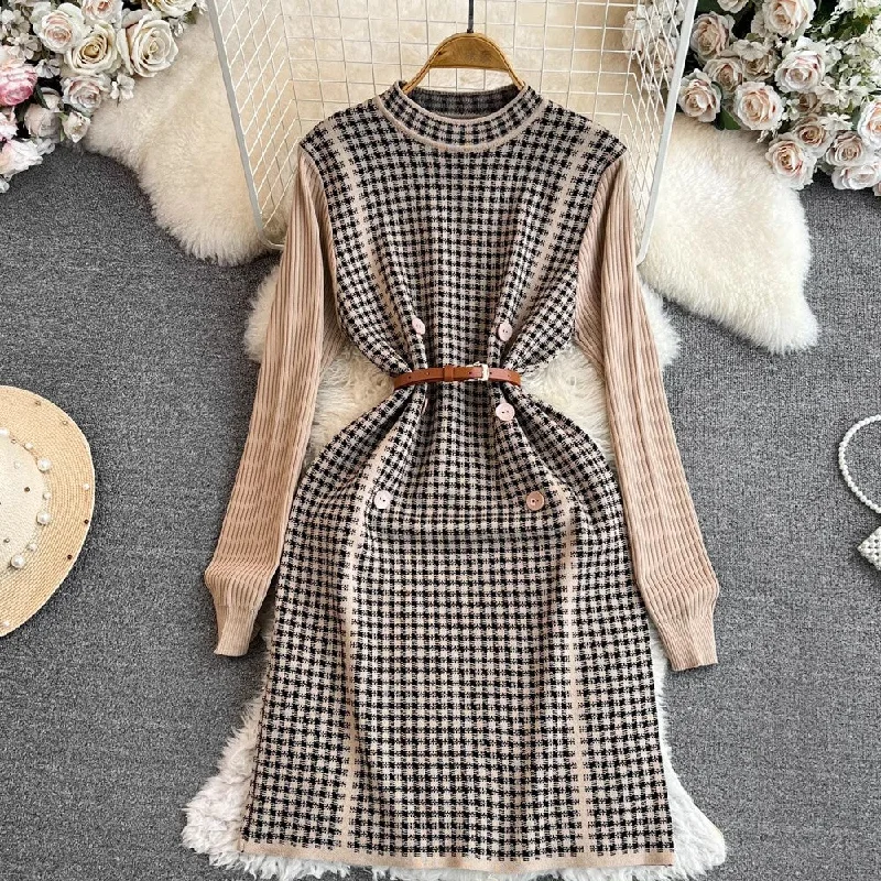 Women's Preppy Skirtsknitted dress sweater dress long-sleeved skirt with coat    S4232