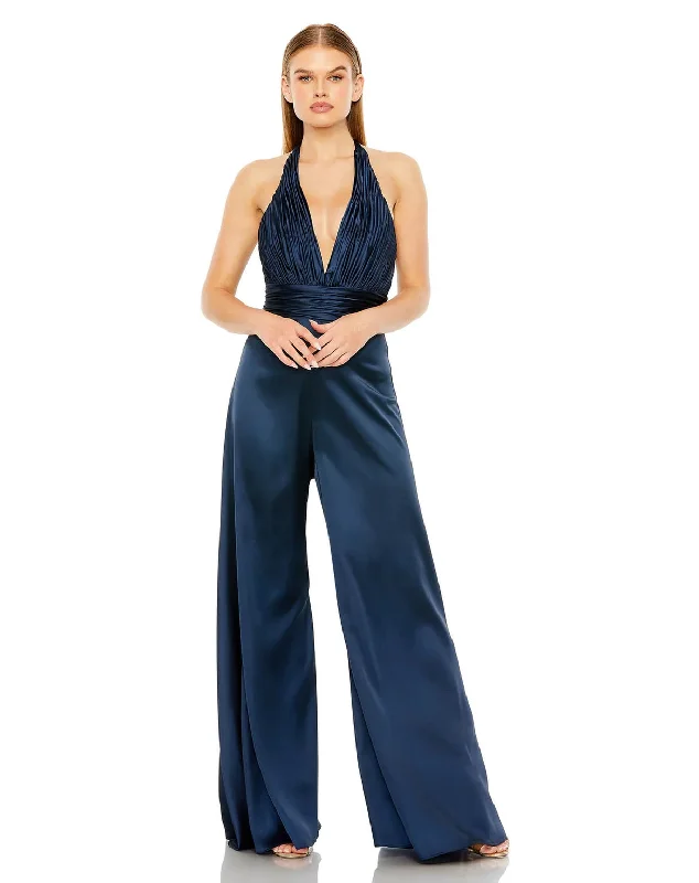 Women's One-Piece JumpsuitsMac Duggal 49810 Ruched Halter Top Wide Leg Satin Jumpsuit