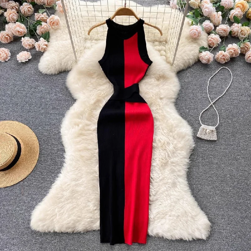 Women's Vintage SkirtsLong Round Neck Sleeveless Dress Tight Knitted Skirt     S4599