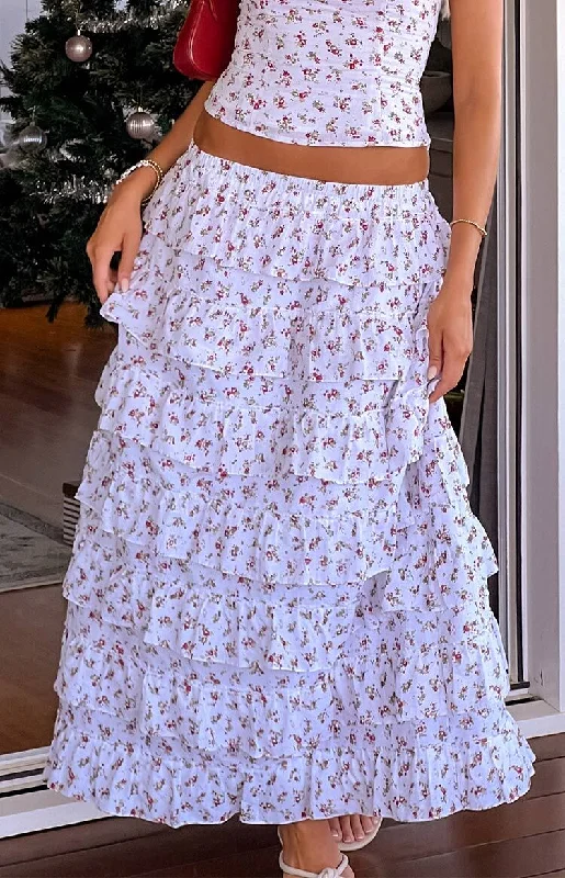 Women's Rounded-Neck DressesPaisley White Floral Ruffle Maxi Skirt