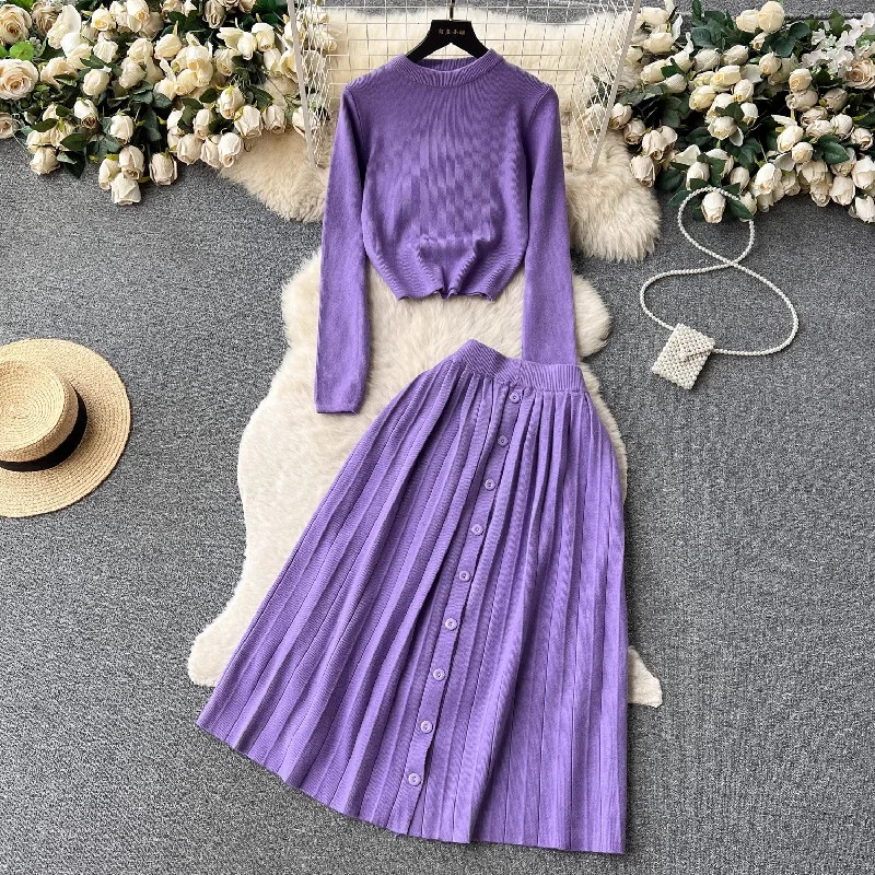 Women's Semi-Formal Skirtsknitted fashion suit for women round neck T-shirt + pleated skirt   S4580