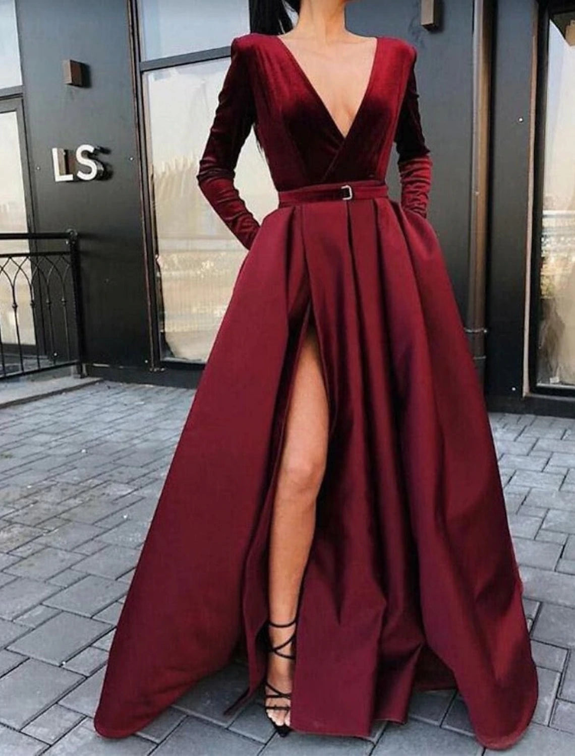 Women's V-Shaped-Neck DressesA-Line Evening Gown Party Dress Elegant Dress Formal Christmas Floor Length Long Sleeve Sweetheart Fall Wedding Guest Satin with Sash / Ribbon Slit