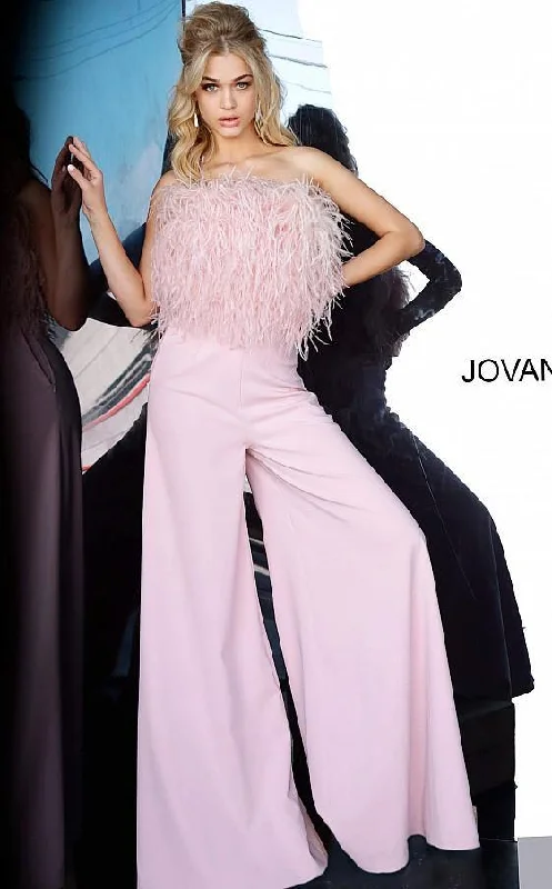 Women's Jumpsuits with Capri LengthJovani 1542 Feather Bodice Formal Jumpsuit