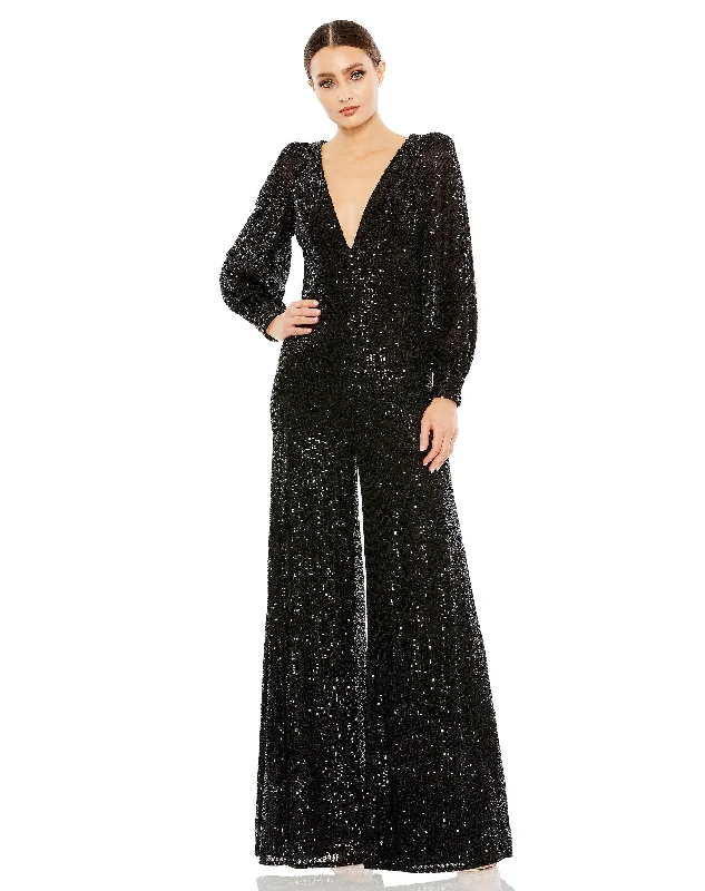 Women's Jumpsuits with Notched CollarMac Duggal 42028 Long Sleeve Formal Jumpsuit