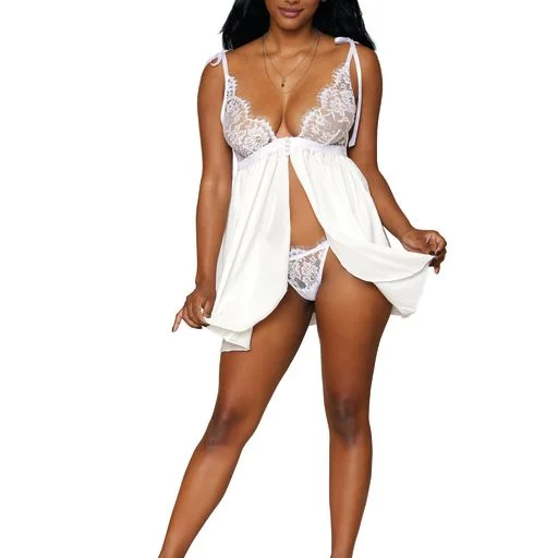 women's pajamas for cold weatherSatin and eyelash lace babydoll and matching G-string set