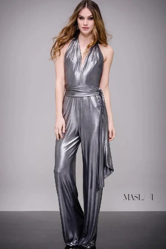 Women's Jumpsuits with Low CollarJovani M51819 Metallic Halter Jumpsuit