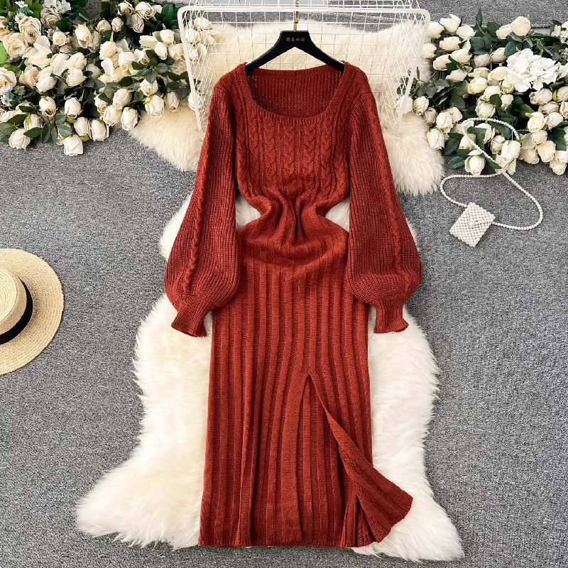 Women's Striped SkirtsSweater Dress Women's High-Quality Square Neck Puff Sleeve Knitted Skirt      S4615