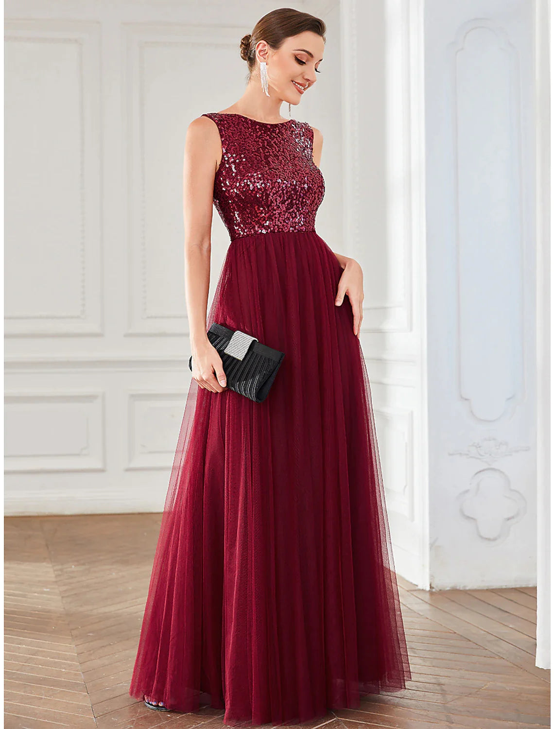 Women's Short-Sleeve DressesA-Line Party Dresses Elegant Dress Wedding Guest Floor Length Sleeveless Jewel Neck Tulle with Sequin