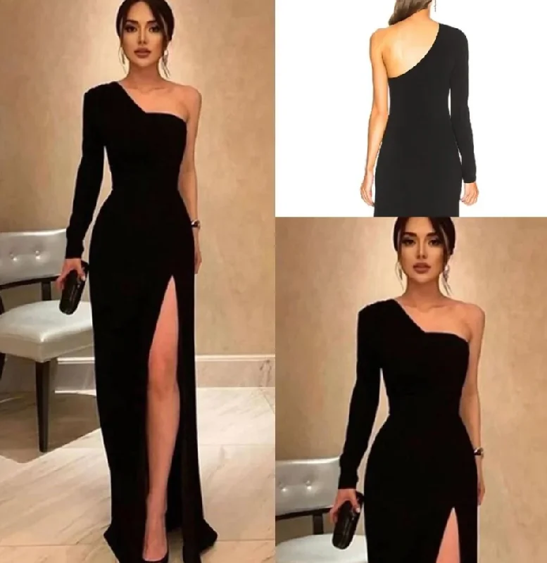 Women's Square Collar DressesBlack Simple Mermaid Evening Dress Long Sleeves One Shoulder High Side Split Formal Prom Dress Party Wear      S786