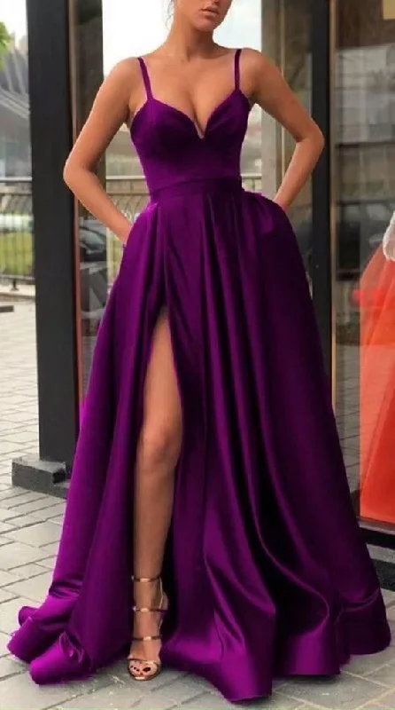 Women's Shawl Collar DressesSatin Long Prom Dresses,Spaghetti Straps Party Dresses,Split Evening Gown    S658