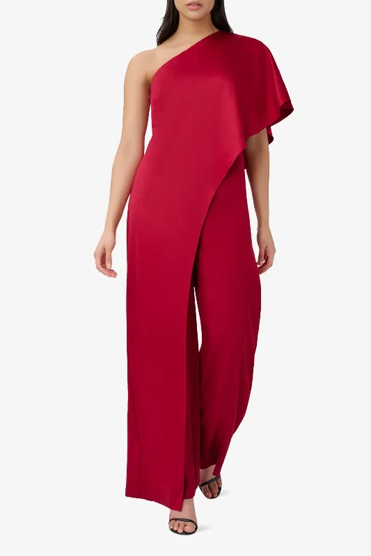 Women's Jumpsuits with Sweetheart CollarAdrianna Papell AP1E210091 Asymmetric Short Sleeve Formal Wide Leg Jumpsuit