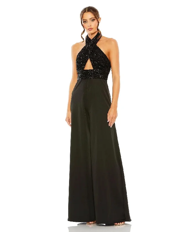 Women's Jumpsuits with Low CollarMac Duggal 11666 Long Halter Formal Jumpsuit